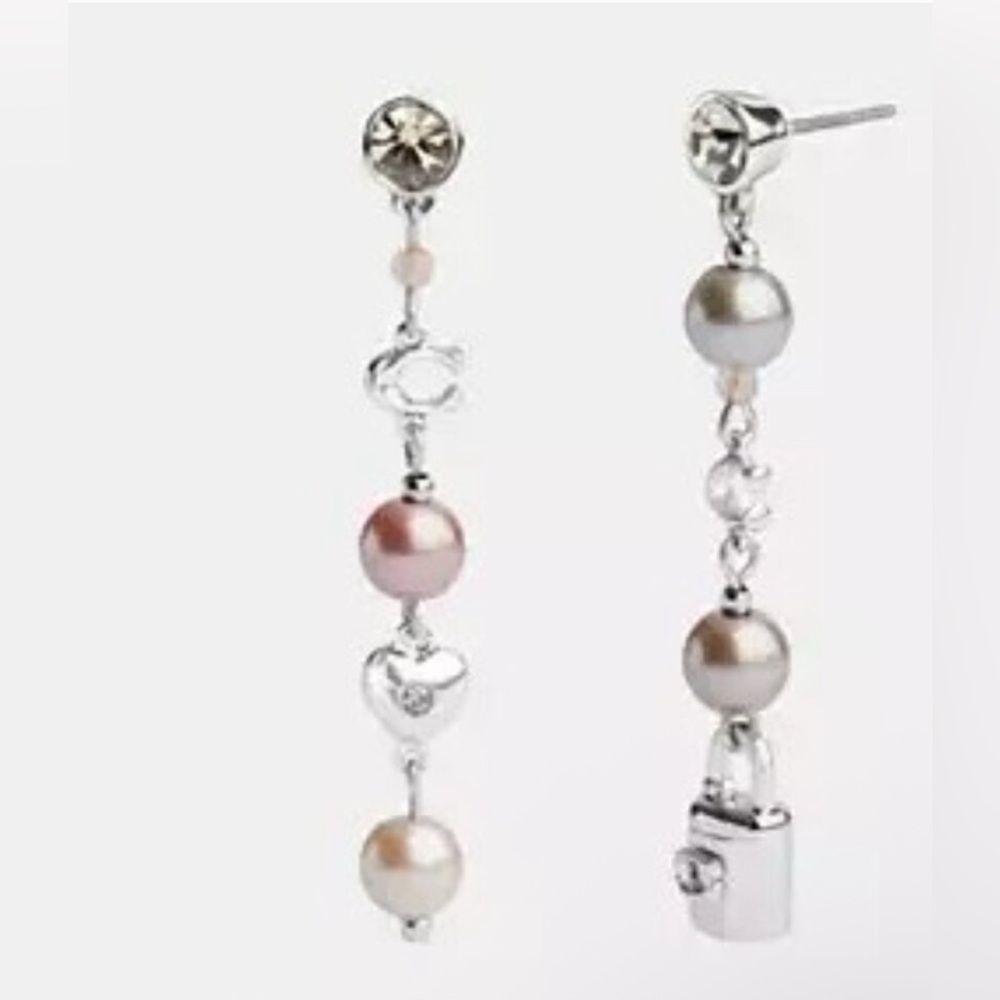 Coach Pearl And Padlock Mismatch Linear Earrings New . - Picture 2 of 6